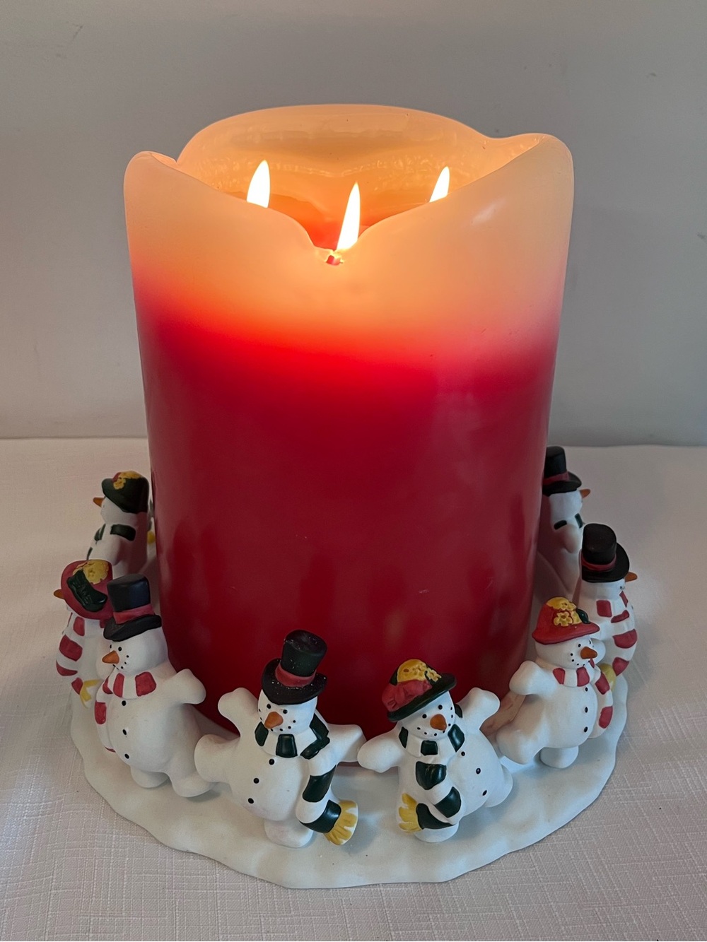 PartyLite Red and Cream 3-wick Holiday Candle with Snowman Ring
Retired